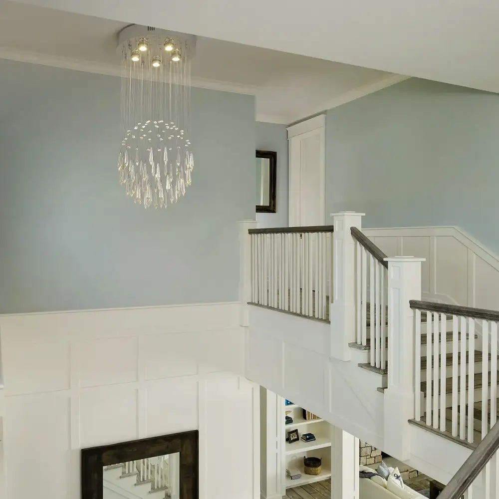 Modern white crystal ring pendant chandelier with cascading clear glass prisms and warm bulbs for dining room decorbites crystal ring