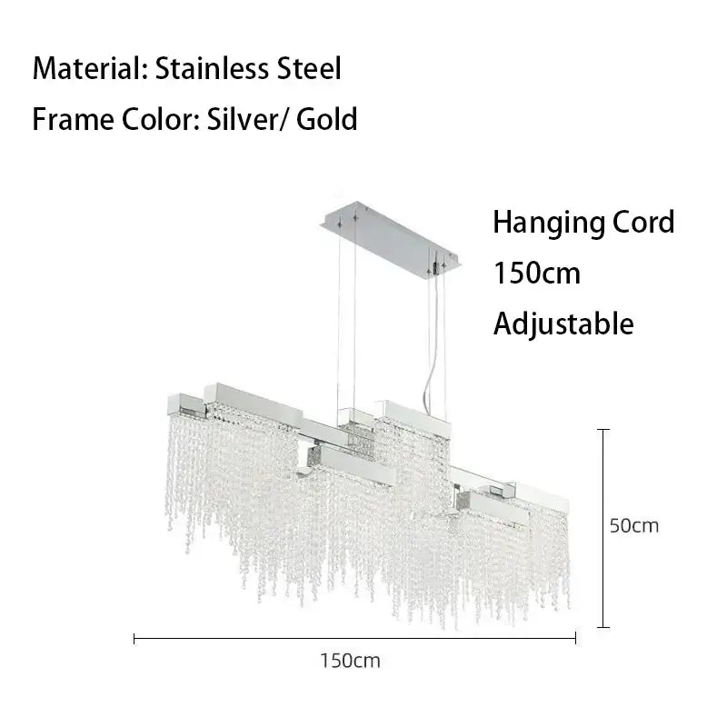 Modern white crystal tassel chandelier with silver and gold stainless steel and cascading crystal strands for dining room decorbites crystal tassel decor