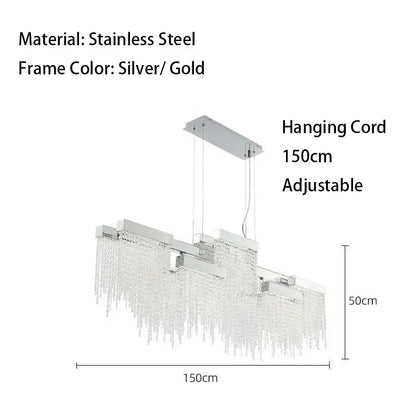 Modern white crystal tassel chandelier with silver and gold stainless steel and cascading crystal strands for dining room decorbites crystal tassel decor