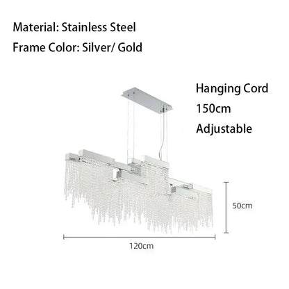 Modern white crystal tassel chandelier with silver and gold stainless steel and cascading crystal strands for dining room decorbites crystal tassel