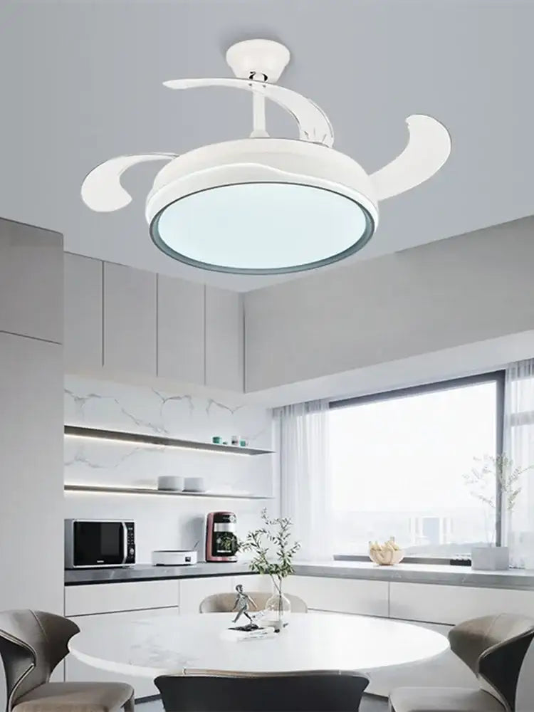 Modern white curved blade ceiling fan with integrated circular light fixture for bedroom decorbites ceiling fan light