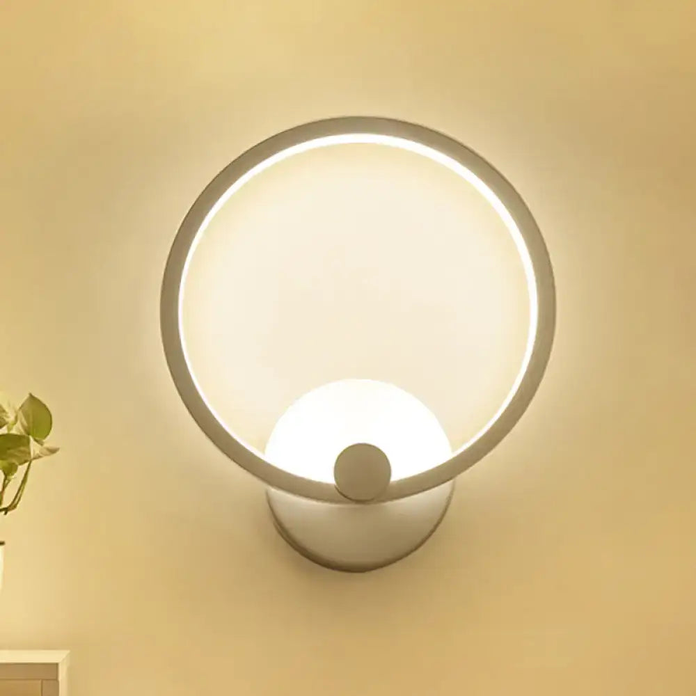 Modern white curved led wall lamp with a sleek matte finish, illuminated ring, and central spherical bulb base light type