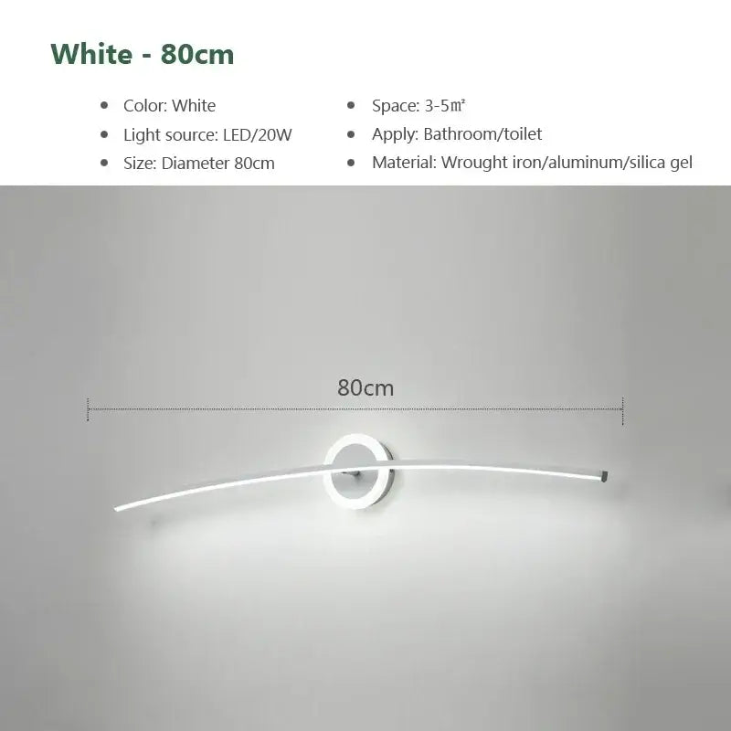 Modern white curved led wall lamp made of wrought iron and aluminum for bathroom and living room use