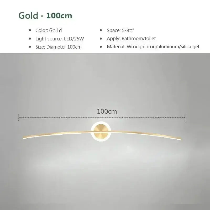 Gold-colored 100cm modern led wall lamp with sleek curved design and central diffuser for living room and bathroom use