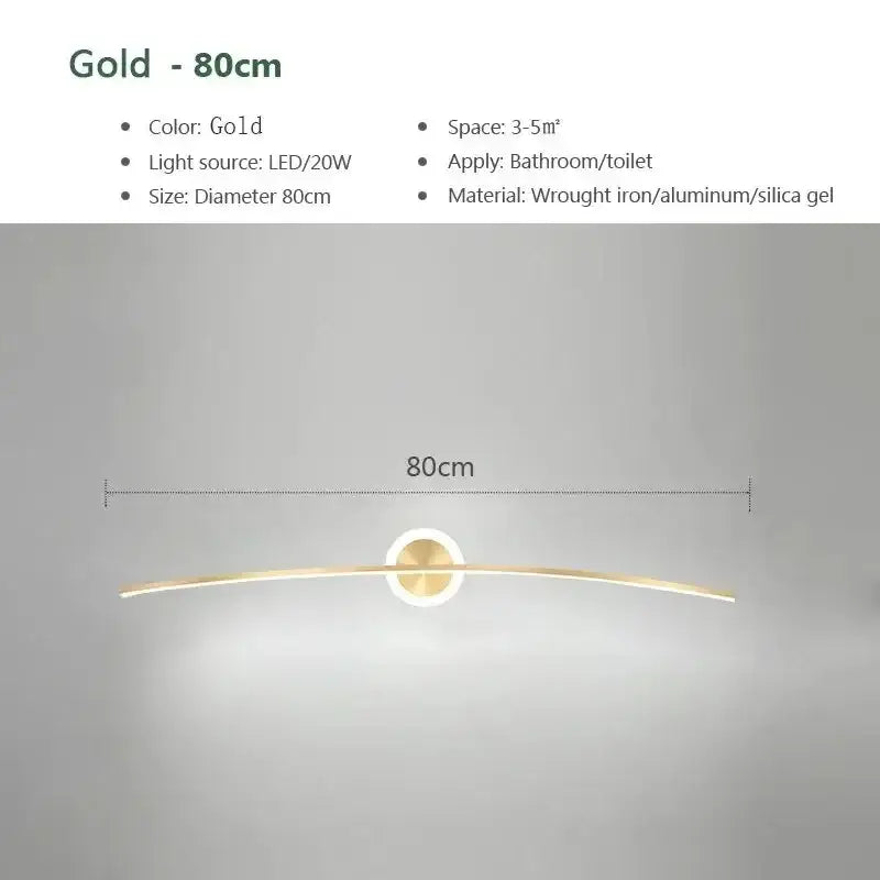 Gold-colored sleek curved modern led wall lamp with central circular light fixture for bathroom or living room use