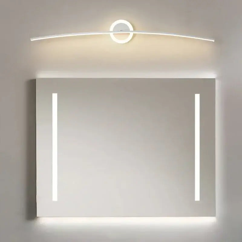 Modern white curved led wall lamp with integrated vertical light strips and overhead lighting for bathroom living room