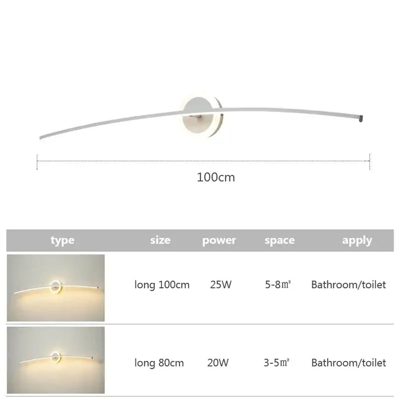 Modern white curved led wall lamp with silver finish and circular base for living room and bathroom use