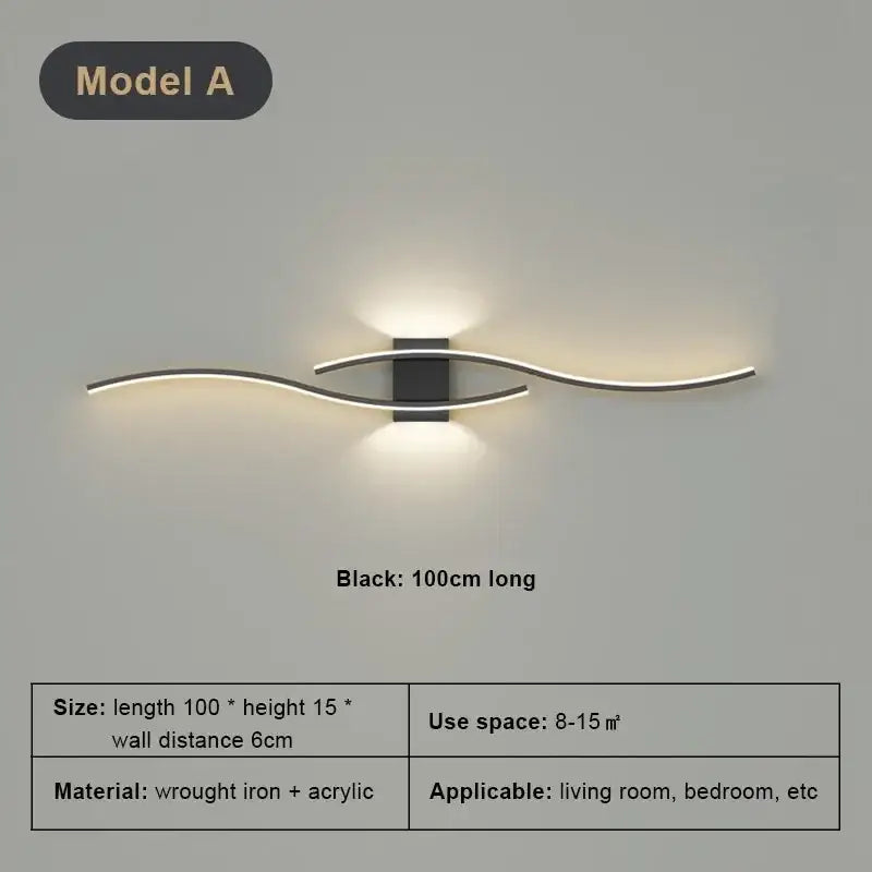 Modern black led wall light strip with sleek curved wrought iron and acrylic arms emitting warm decorbites led wall glow