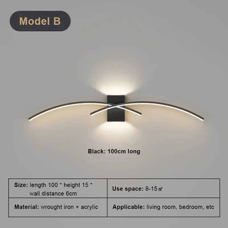 Black modern led wall light strip with sleek curved wrought iron arms and acrylic elements for living room decorbites led wall