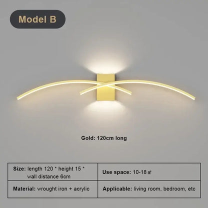 Gold-colored modern led wall light strip with two curved wrought iron and acrylic arms for living room decorbites led wall