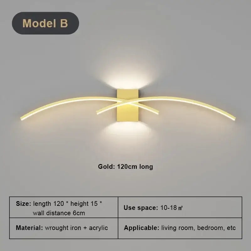 Gold-colored modern led wall light strip with two curved wrought iron and acrylic arms for living room decorbites led wall