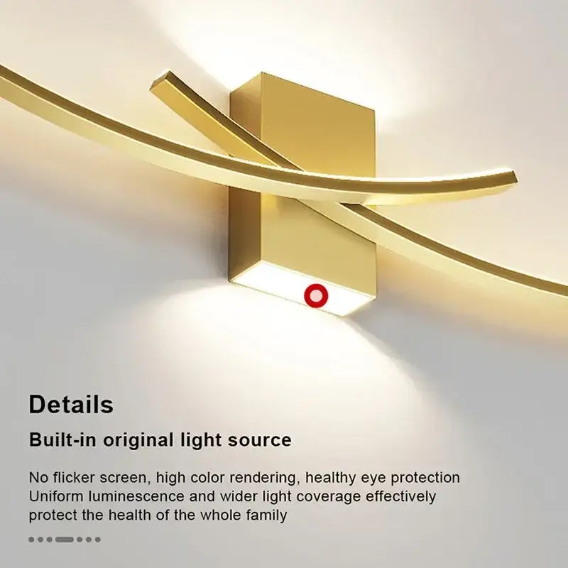 Gold-colored modern decorbites led wall sconce with sleek curved metallic arms and led wall light strip for living room decor