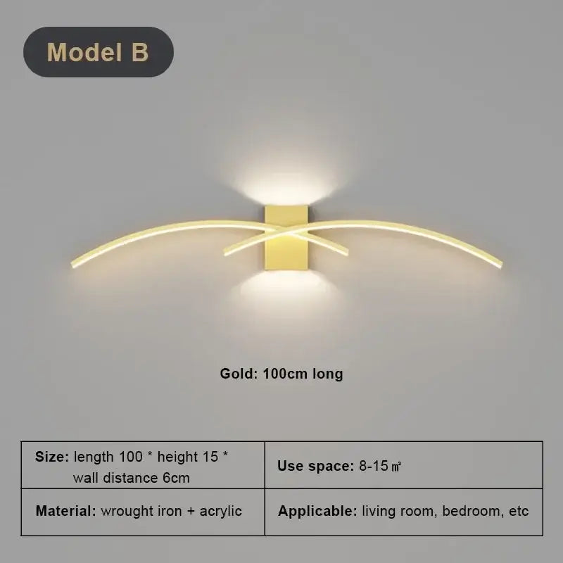 Gold-colored modern decorbites led wall light with two curved arms on a rectangular base for living room decor