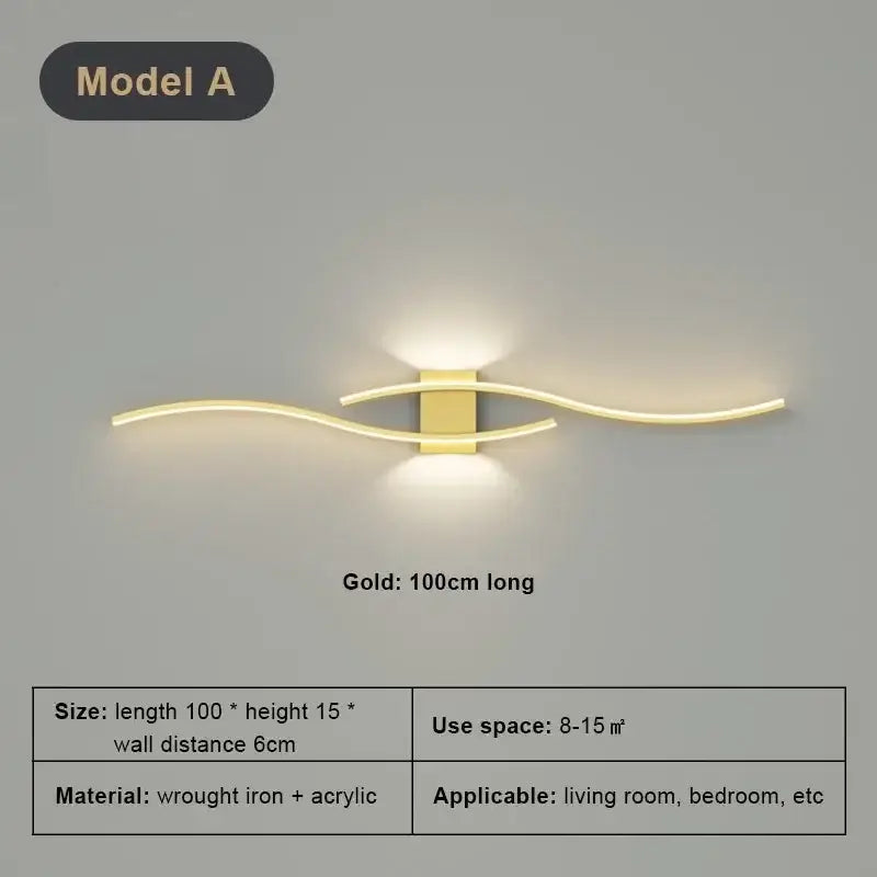 Gold-colored modern wall light strip with sleek curved acrylic arms and wrought iron base for decorbites led wall use