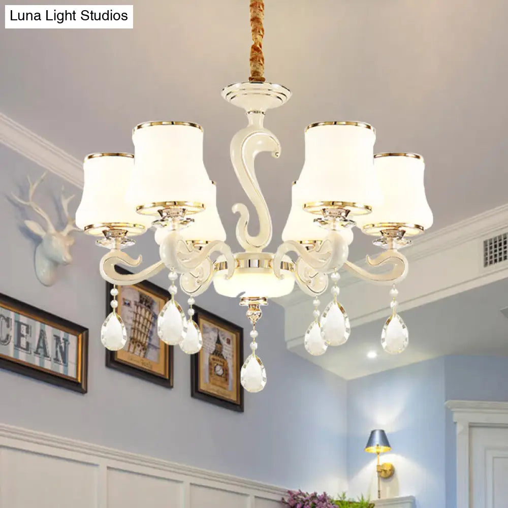 Lámpara de araña moderna de cristal opalino blanco curvo para dormitorio con 6 bombillas