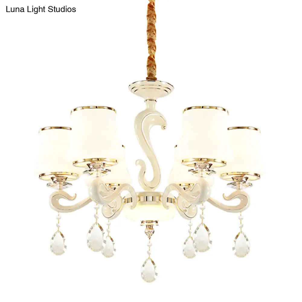 Lámpara de araña moderna de cristal opalino blanco curvo para dormitorio con 6 bombillas