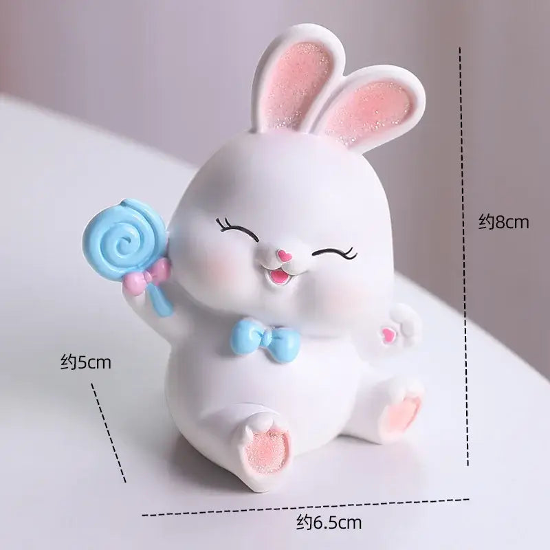 Modern white cute bunny figurine sculpture made of resin with pink glitter ears and blue bow tie bedroom decor