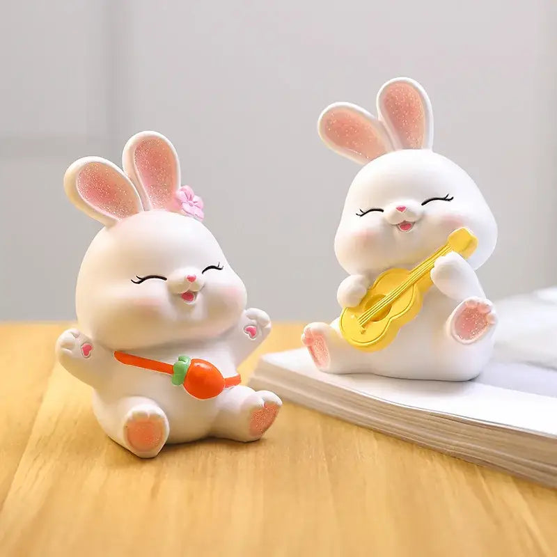 Modern white cute bunny figurine sculpture with glittery pink ears and blue bow tie for bedroom decor