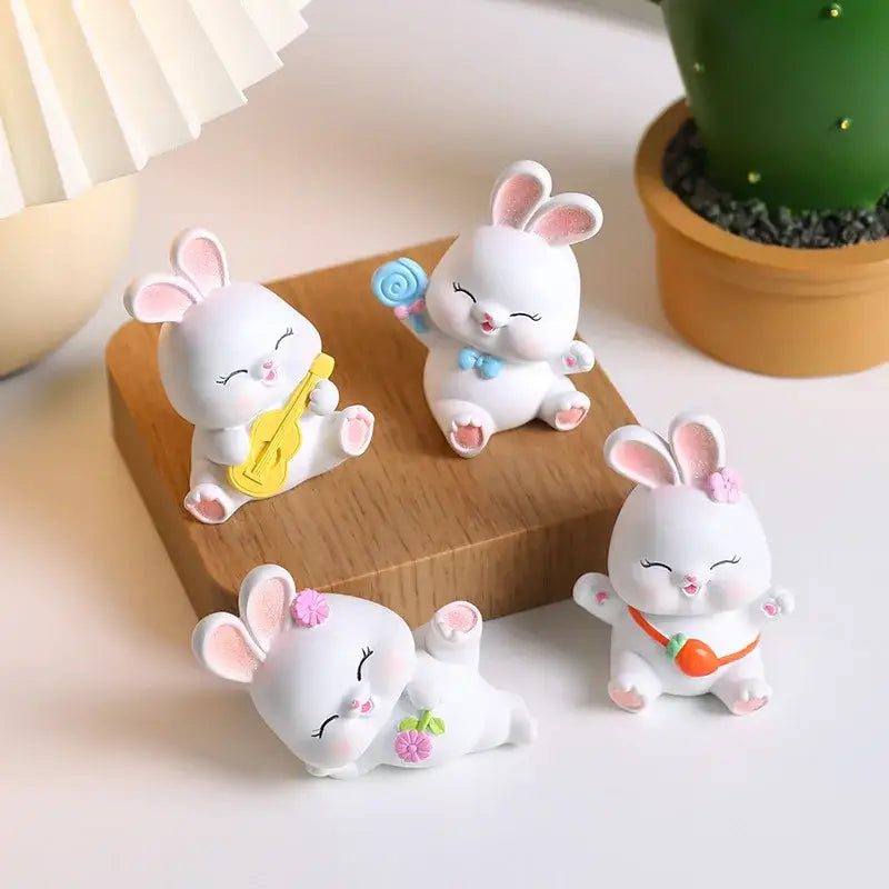 Modern white cute bunny figurine sculpture with pink ears and colorful accessories for bedroom decor