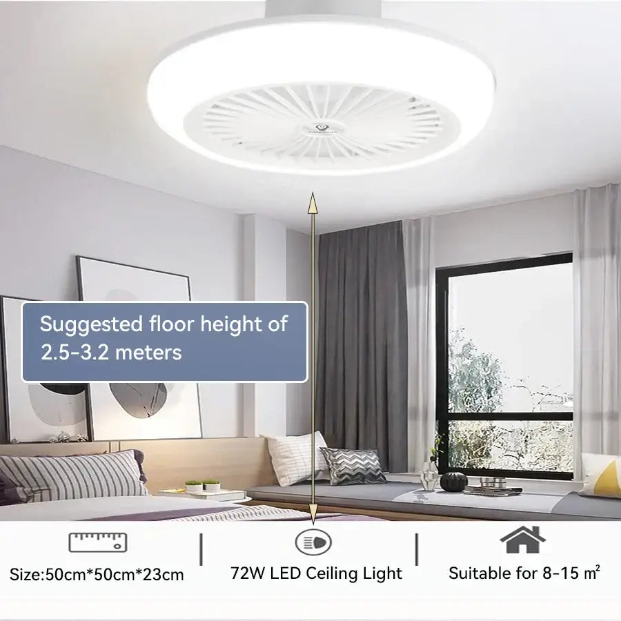 Modern white decorbites ceiling fan with integrated led light features a sleek circular design for bedroom use