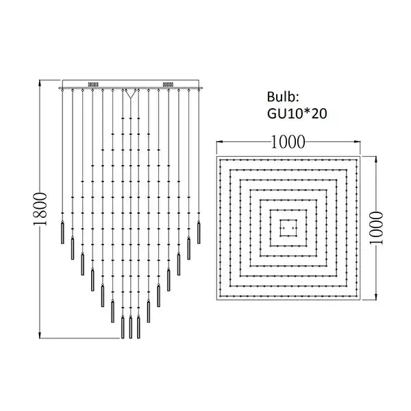 A modern white decorbites crystal ceiling chandelier with 20 gu10 bulbs in a cascading geometric pattern for living room