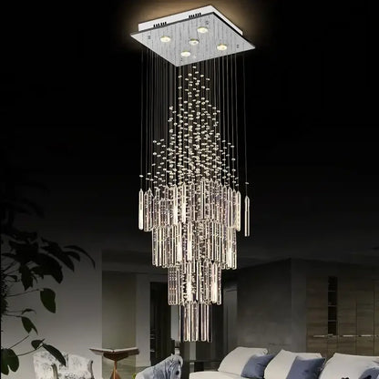 Modern white decorbites crystal ceiling chandelier with sleek chrome mount and cascading clear faceted glass rods for living room