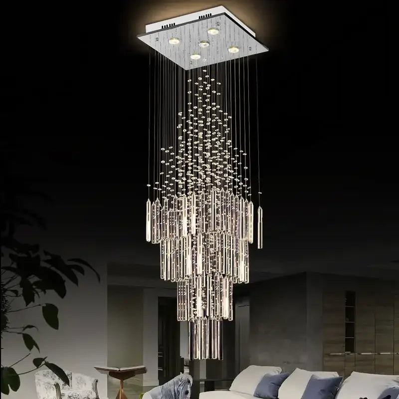 Modern white decorbites crystal ceiling chandelier with sleek chrome mount and cascading clear faceted glass rods for living room