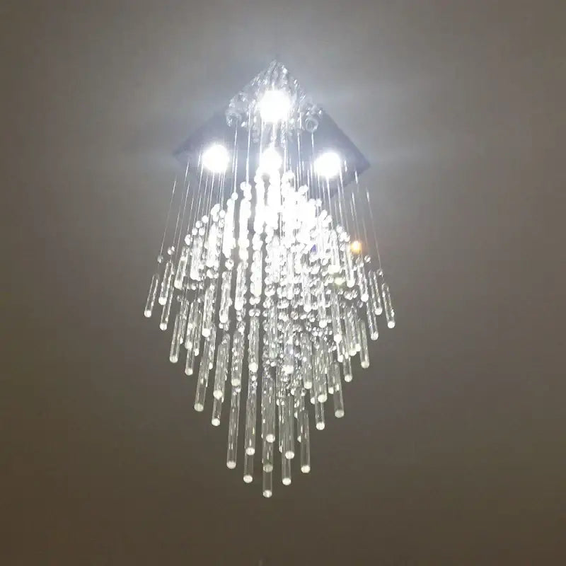 Modern white decorbites crystal ceiling chandelier with cascading clear glass rods and embedded lights for living room
