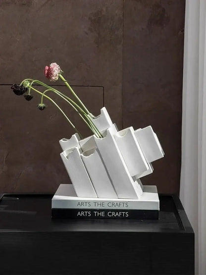 Modern white decorbites geometric ceramic vase with block splicing and vertical slots for home decor display