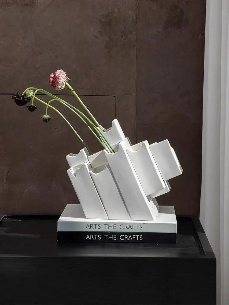 Modern white decorbites geometric ceramic vase with block splicing and vertical slots for home decor display