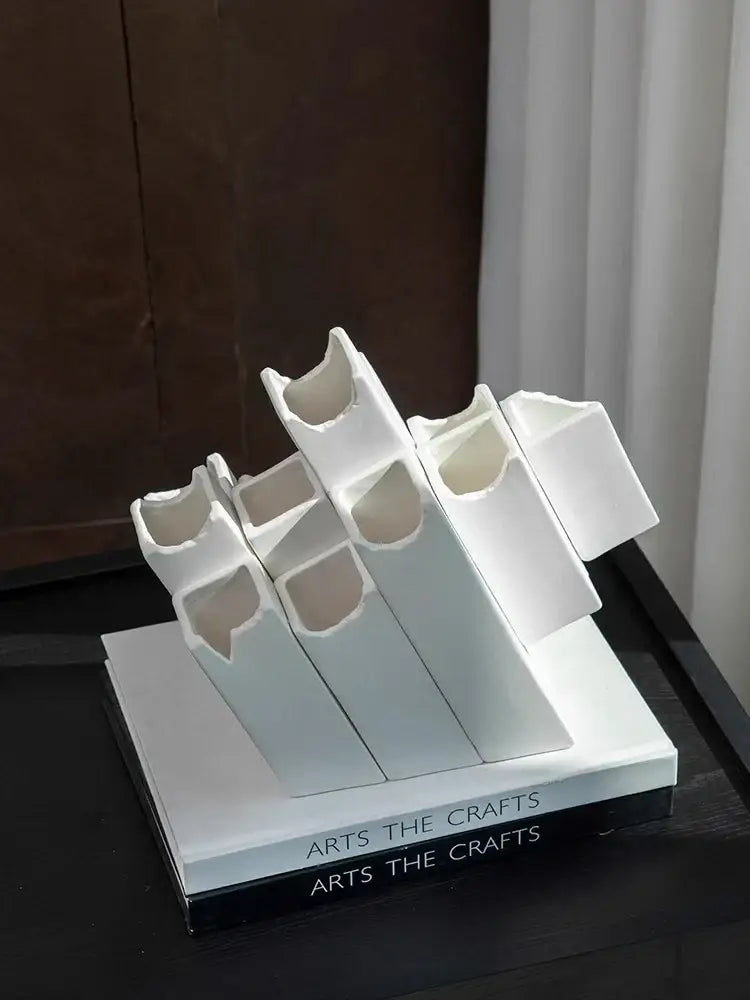 White ceramic decorbites geometric ceramic sculpture with abstract block splicing design for modern home decor