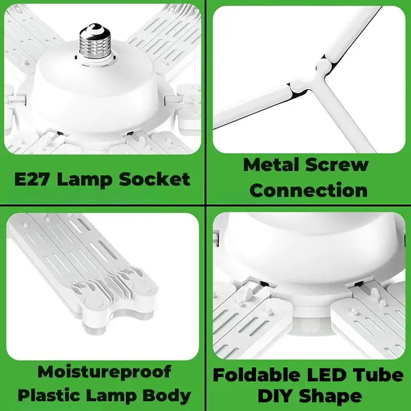 Modern white deformable led garage light with foldable blades, moistureproof plastic body, and metal screw connections