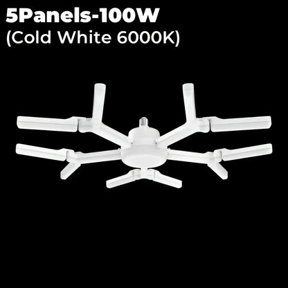Modern white deformable led garage lights featuring five elongated panels in a radial spider-like design by decorbites