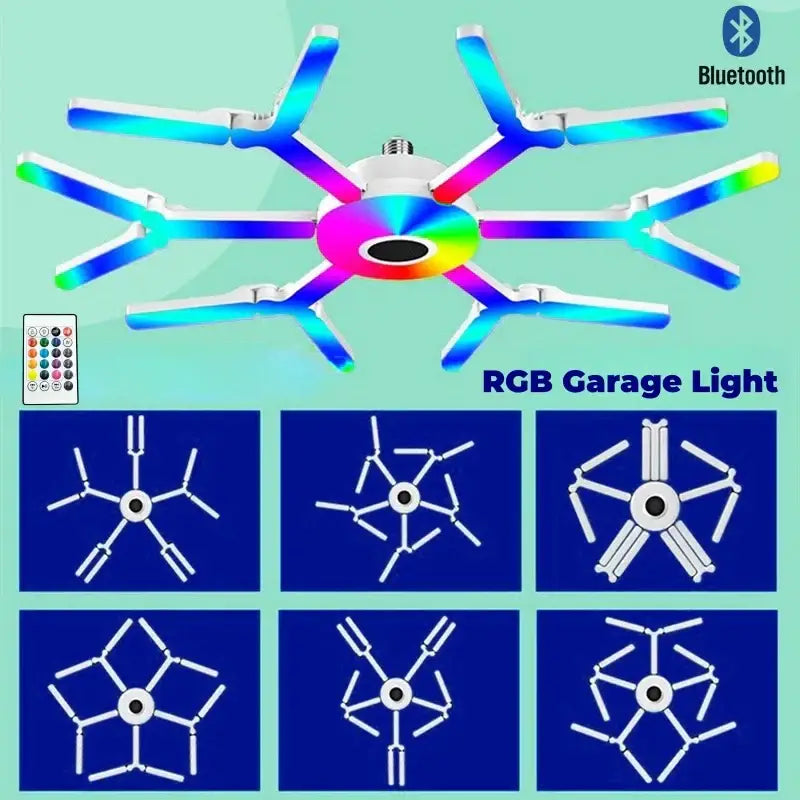 Modern white deformable led garage lights with colorful rgb arms and central hub for efficient garage ceiling lighting decorbites deformable led