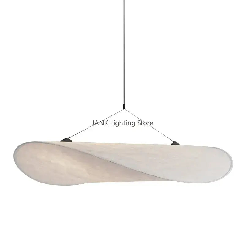 Modern white designer cloth cover pendant chandelier with off-white twisted fabric shade suspended by black cords