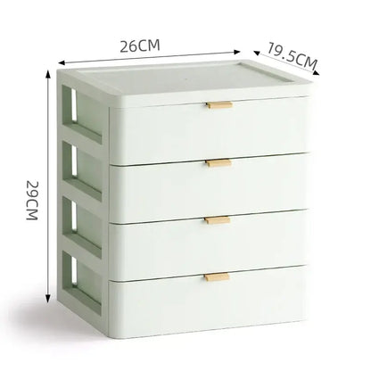 Modern white desktop organizer drawer with four light wood-tone handles by decorbites for bedroom decor