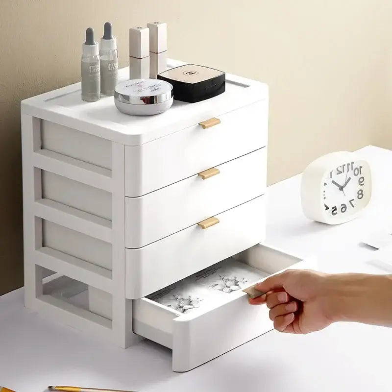 Modern white decorbites desktop organizer drawer with three plastic drawers and gold handles for bedroom use