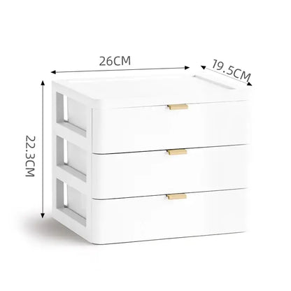 Modern white decorbites desktop organizer with three plastic drawers and gold handles for bedroom use