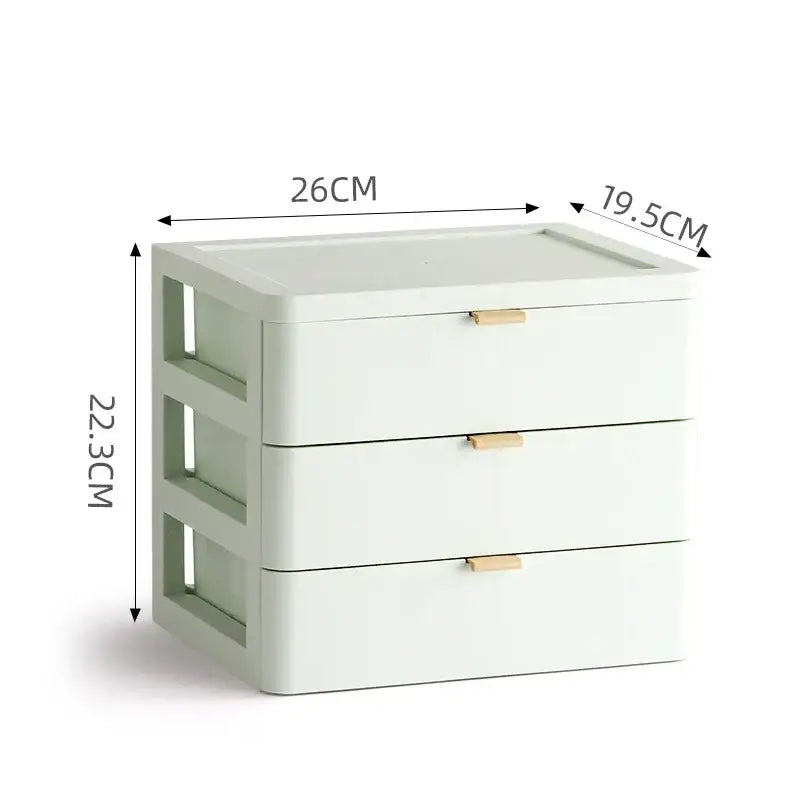 Modern white desktop organizer drawer with three white plastic drawers and light wood tone handles for decorbites desktop organizer