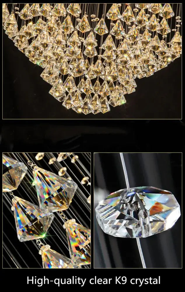 Modern white diamond crystal chandelier with cascading clear k9 crystal facets refracting vibrant rainbow light