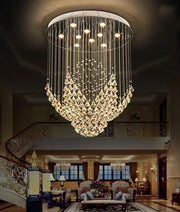 Modern white diamond crystal chandelier with circular frame and cascading clear glass prisms for living room lighting