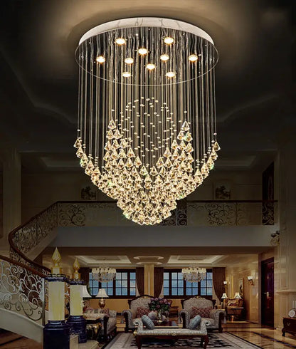 Modern white diamond crystal chandelier with circular frame and cascading clear glass prisms for living room lighting