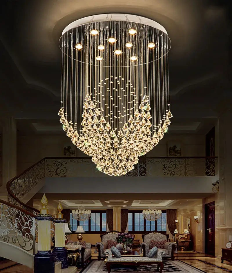 Modern white diamond crystal chandelier with circular frame and cascading clear glass prisms for living room lighting