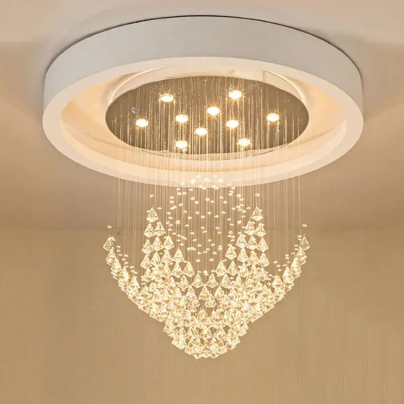 A modern white diamond crystal chandelier with clear crystal prisms for elegant living room led lighting