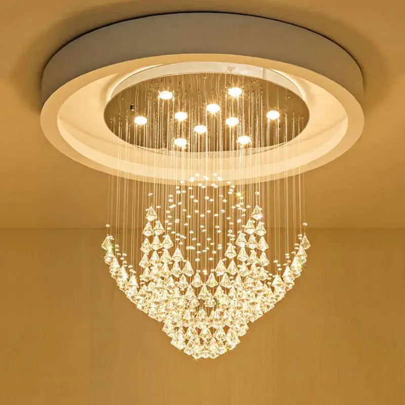 Modern white diamond crystal chandelier with circular mount and cascading clear faceted crystals for living room lighting