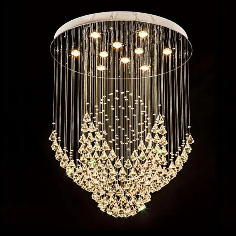 Modern white diamond crystal chandelier with a sleek circular frame and shimmering clear and golden crystal strands for living room