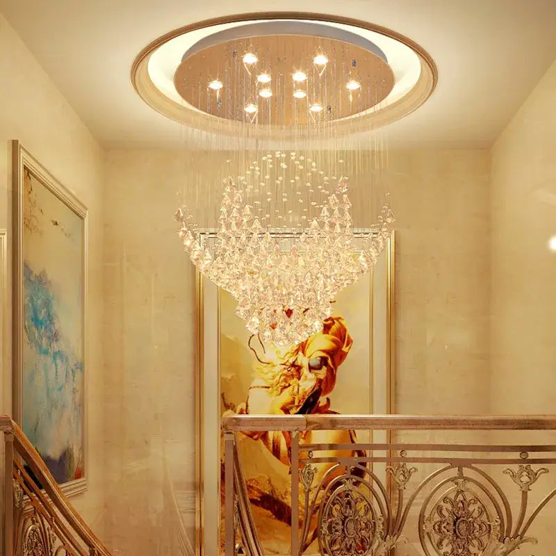 A modern white diamond crystal chandelier with cascading clear faceted crystals for living room LED lighting