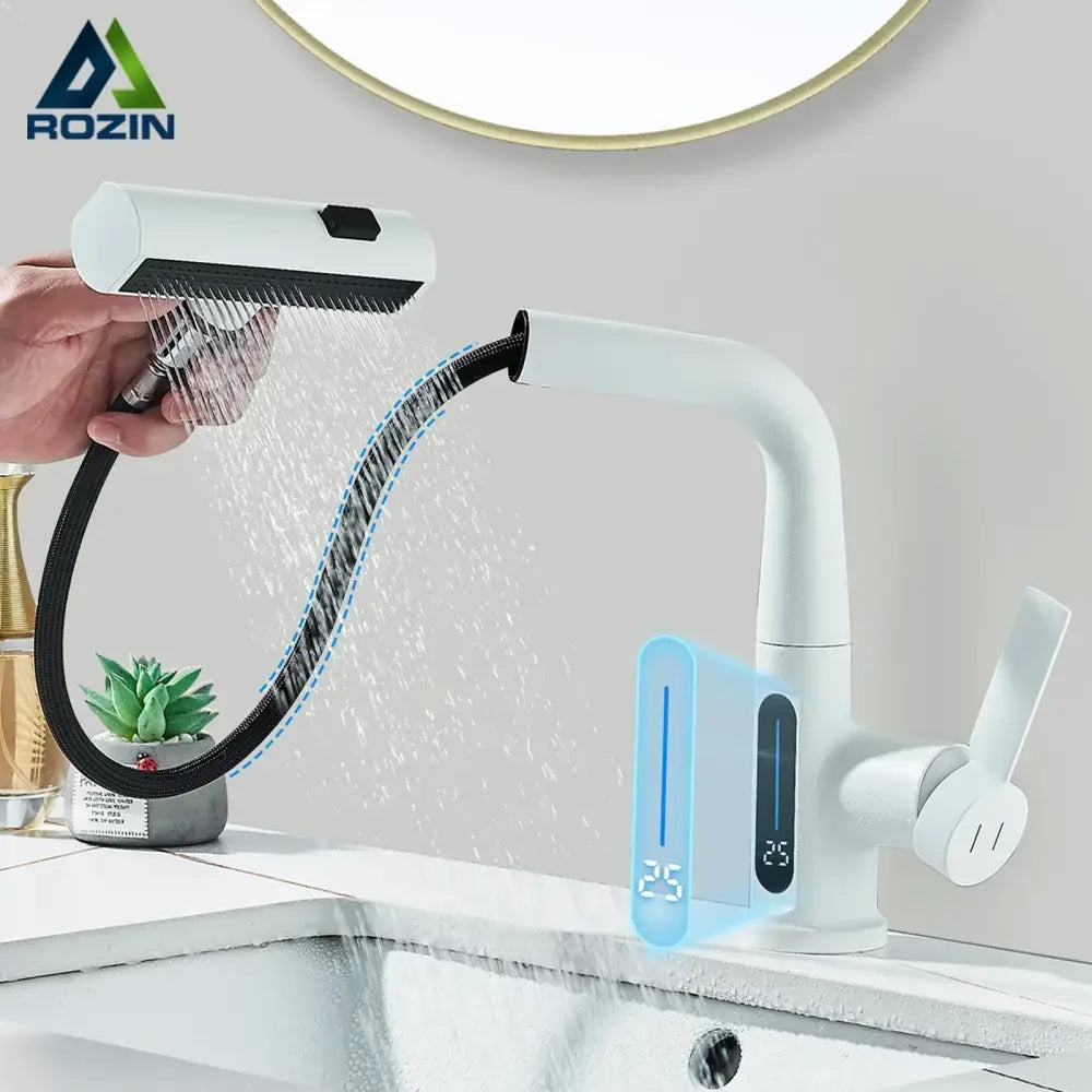 White rozin smart basin faucet with digital display and detachable shower head for modern bathroom decorbites digital display