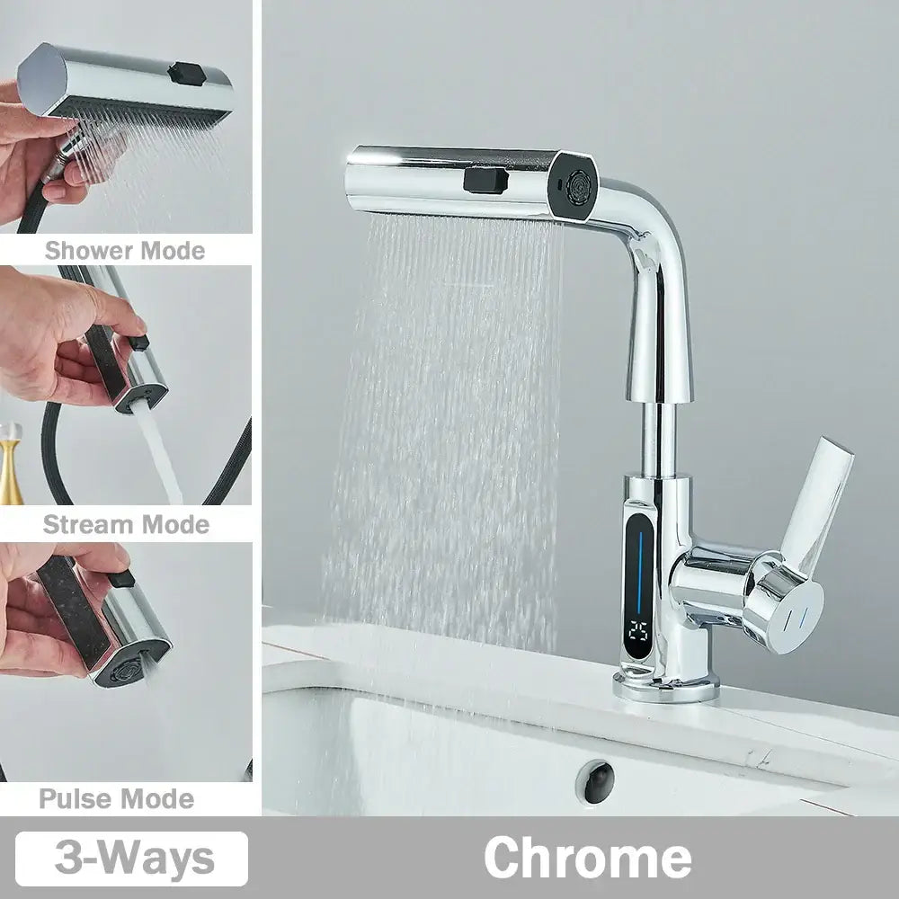 Modern white basin faucet with chrome finish and decorbites digital display showing temperature for bathroom use