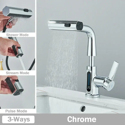 Modern white basin faucet with chrome finish and decorbites digital display showing temperature for bathroom use